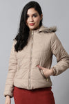 Beige Hoodie Puffer Jacket for Women | Winter Jacket