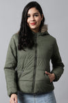 Olive Green Hoodie Puffer Jacket for Women | Ladies Winter Jacket