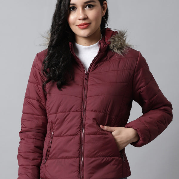 Light Maroon Hoodie Puffer Jacket for Women