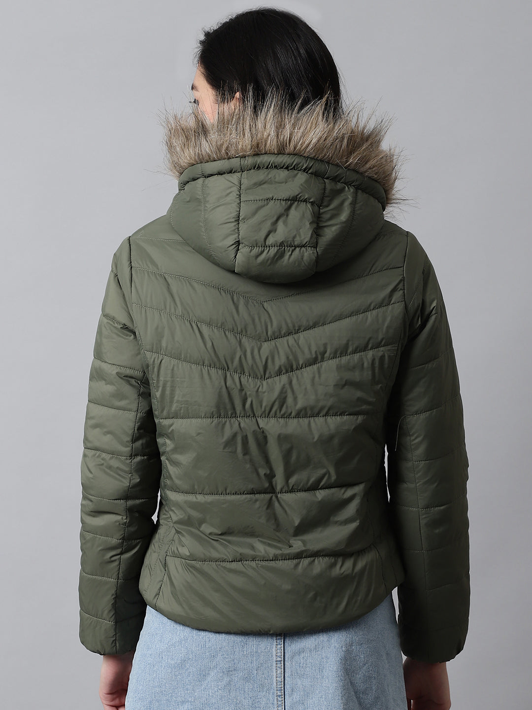 Olive Green Hoodie Puffer Jacket for Women