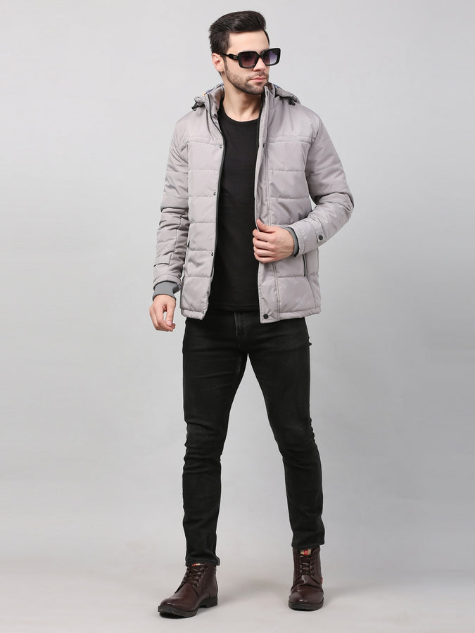 MEN GREY SOLID PUFFER JACKET