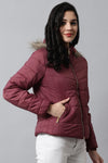 Light Maroon  Hoodie Puffer Jacket for Women | Ladies Black Winter Jacket