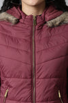 Light Maroon  Hoodie Puffer Jacket for Women | Ladies Black Winter Jacket