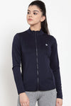 Women Navy Blue Solid Sporty Jacket